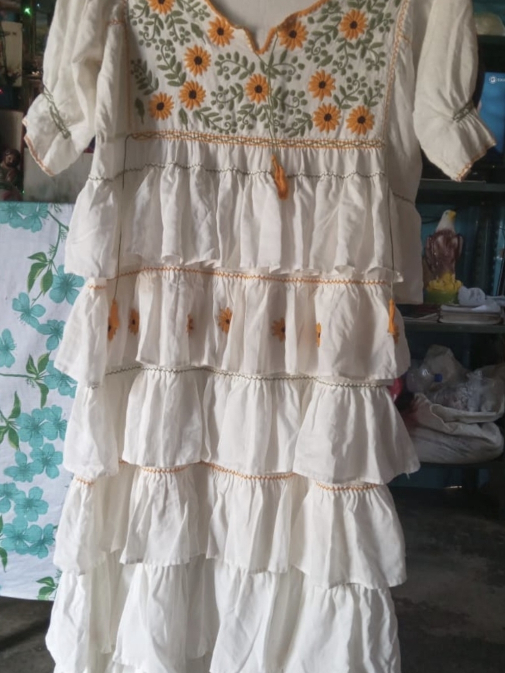 NEW Womens 🌻Hand Embroided Cream Tiered Dress with Floral Embroidery